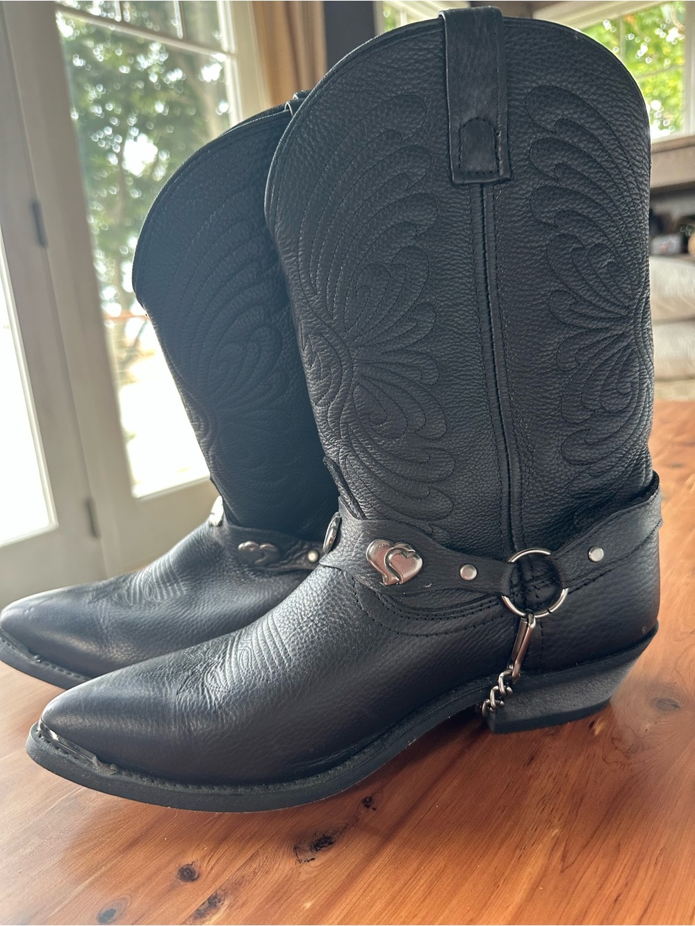 Black Leather Cowboy Boots with Heart Harness